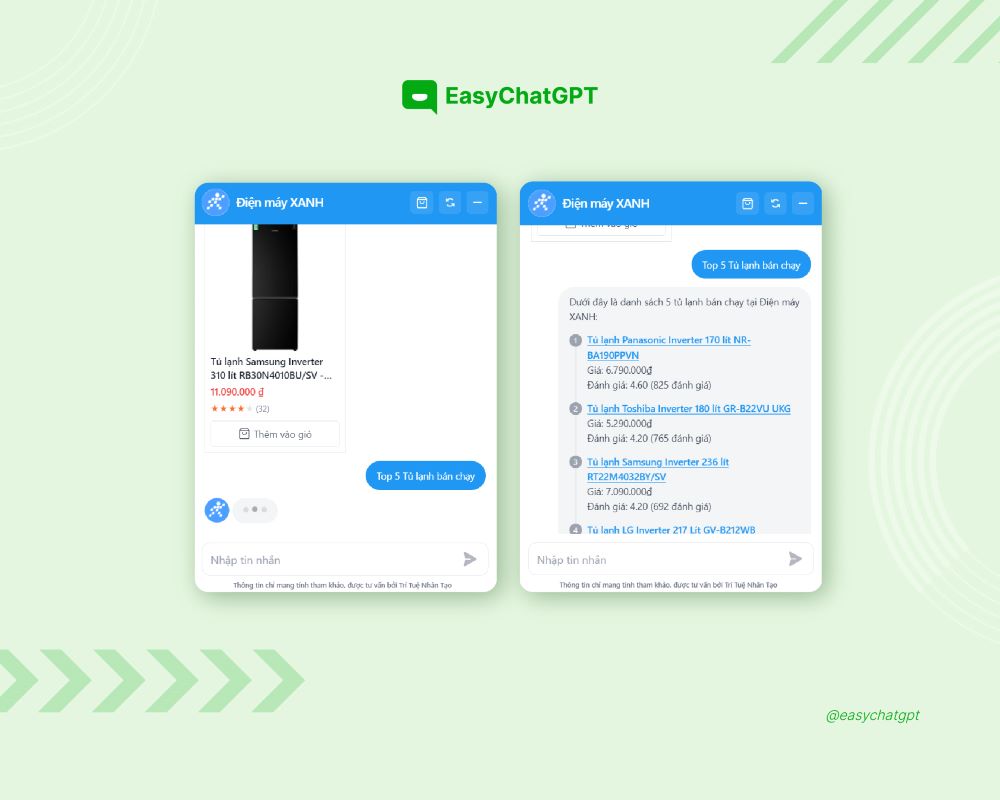 EasyChatGPT's AI Chatbot for sales on Dien May XANH website